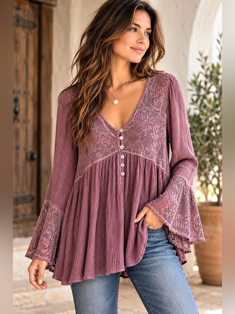 Indigo Thread Co Purple Lace Bell Sleeve Boho Tunic Top Medium Babydoll Cottage